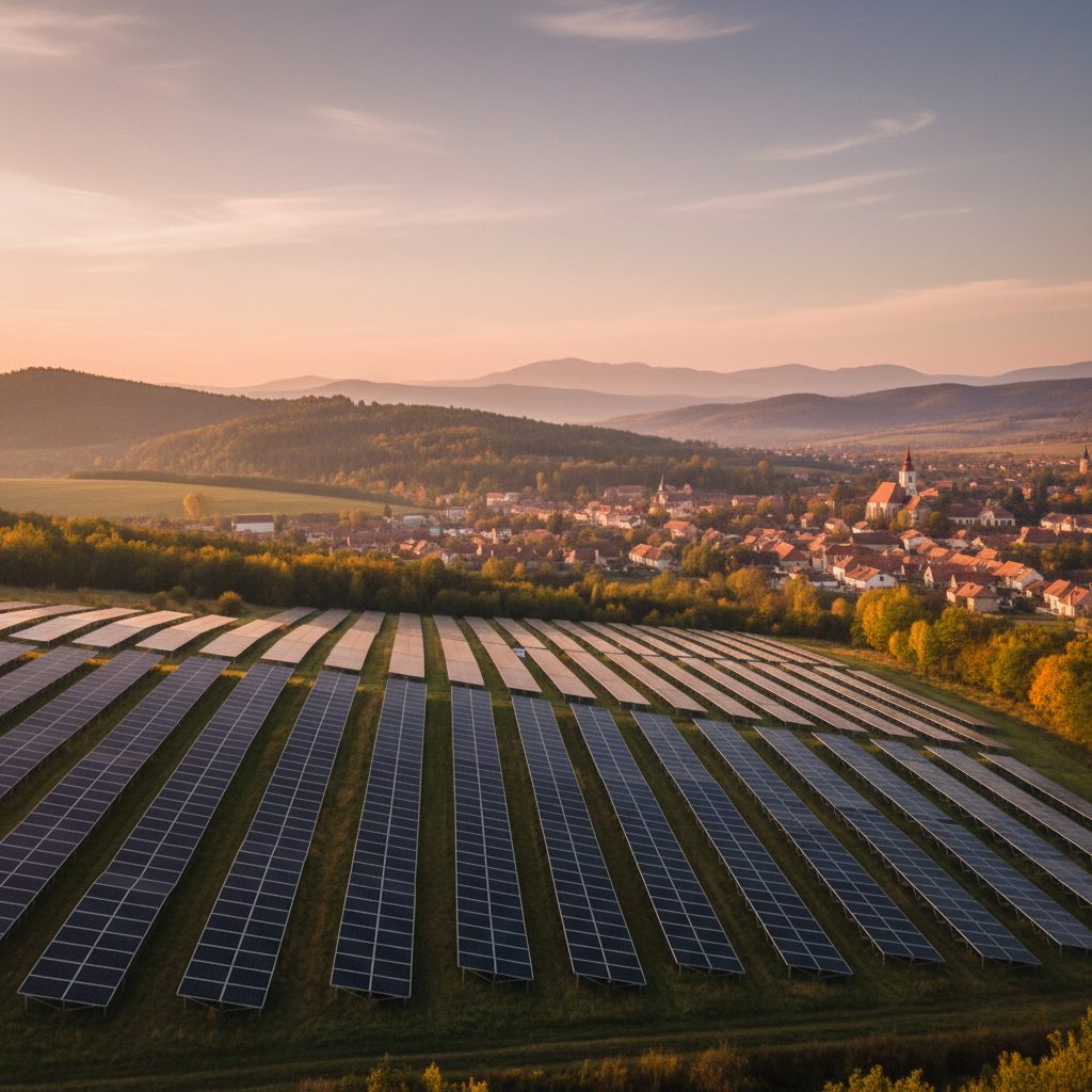 Parc fotovoltaic la apus, cu Târnăveni în fundal